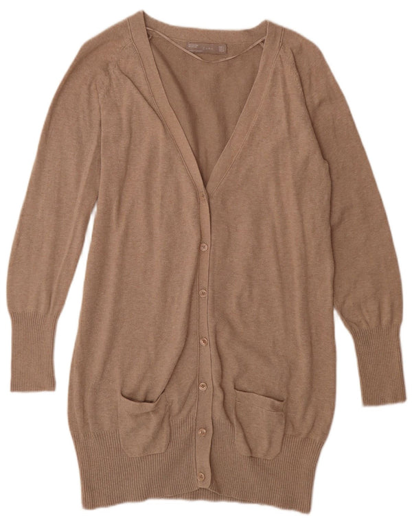 Suéter cardigã feminino Zara Longline Reino Unido 14 grande algodão bege
