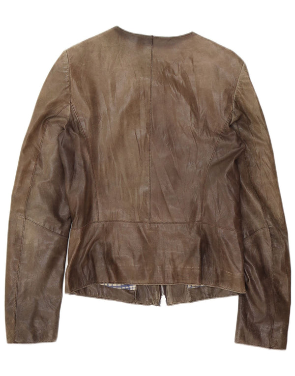 Jaqueta de couro feminina vintage UK 10 pequena marrom