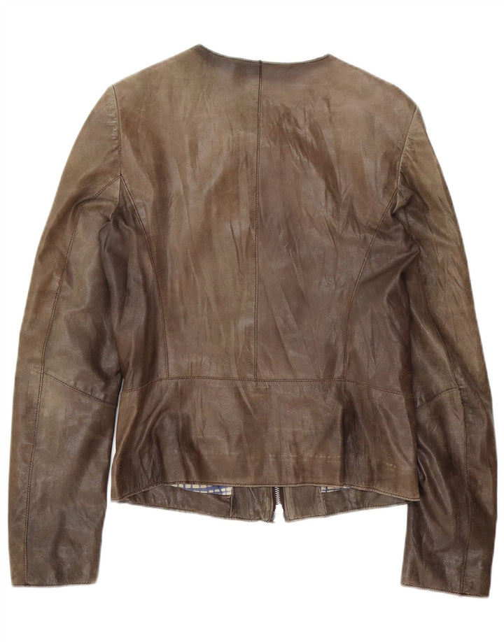 Jaqueta de couro feminina vintage UK 10 pequena marrom