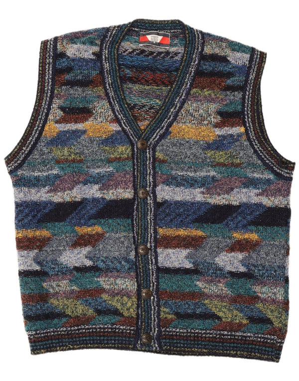 Suéter cardigã masculino vintage sem mangas XL lã geométrica multicolorida