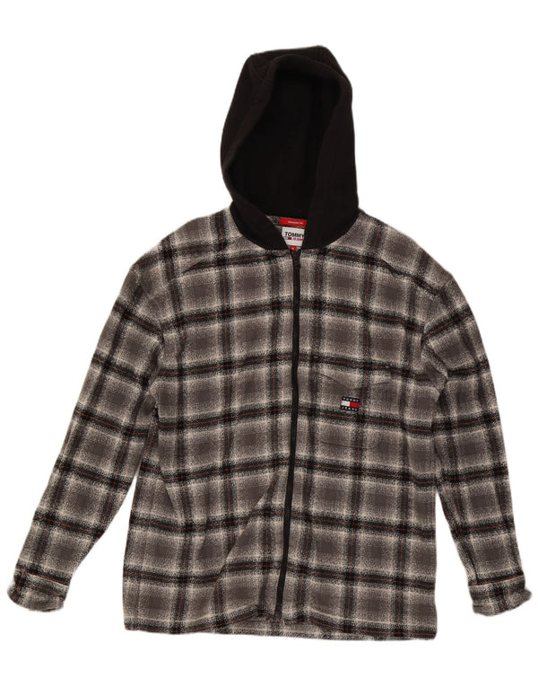 Tommy Hilfiger Camisa masculina de flanela com capuz e algodão xadrez cinza médio
