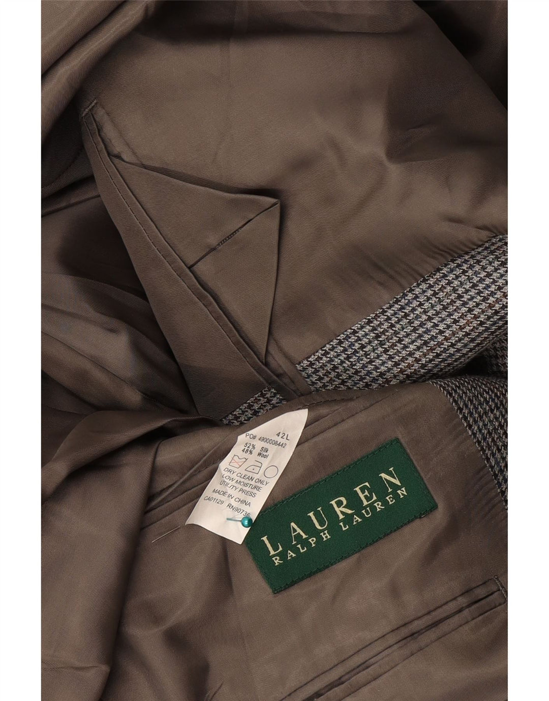 Jaqueta blazer masculina Ralph Lauren com 2 botões Reino Unido 42 grande cinza houndstooth seda