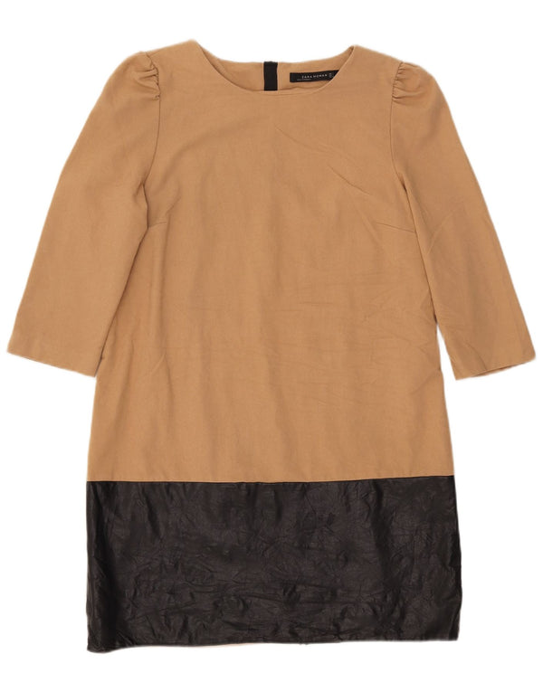 Vestido feminino Zara manga 3/4, UK 14, grande, bege, colorblock, poliéster