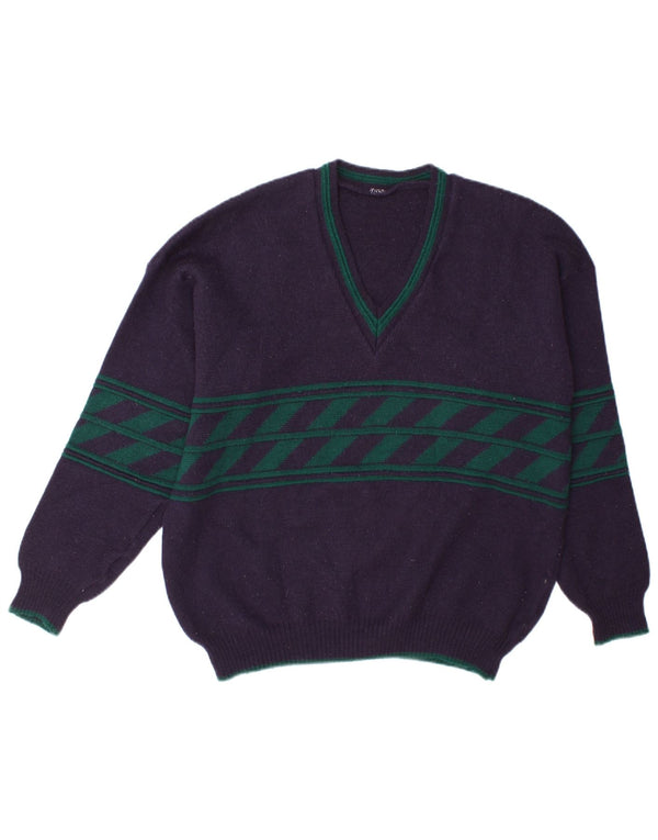 Suéter masculino vintage com decote em V grande listrado azul marinho