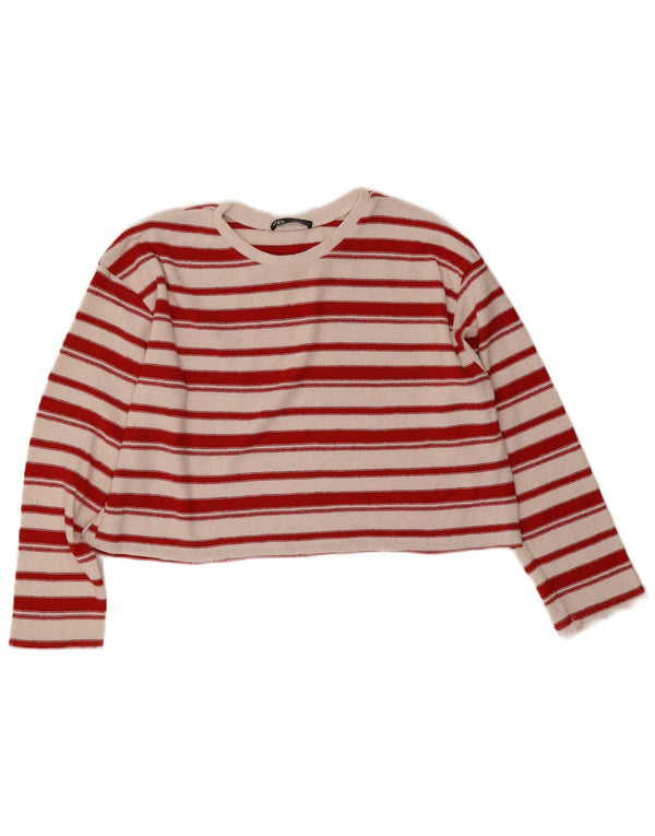 Zara Suéter feminino cropped com gola canoa UK 14 listrado branco médio
