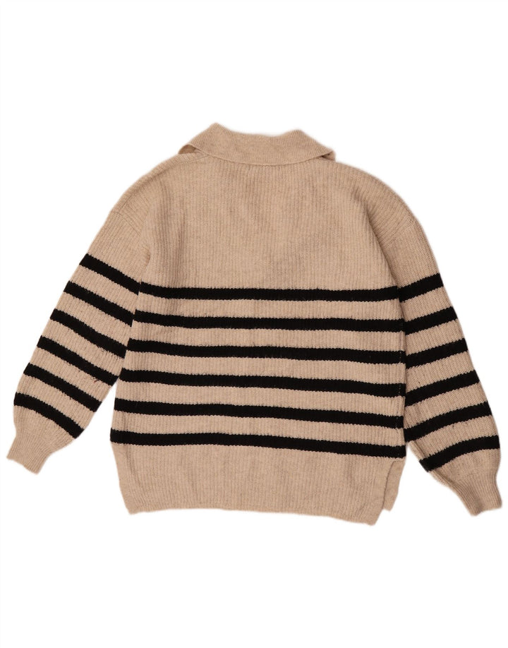 Suéter feminino Marks & Spencer com gola polo e listras bege médio Reino Unido 14