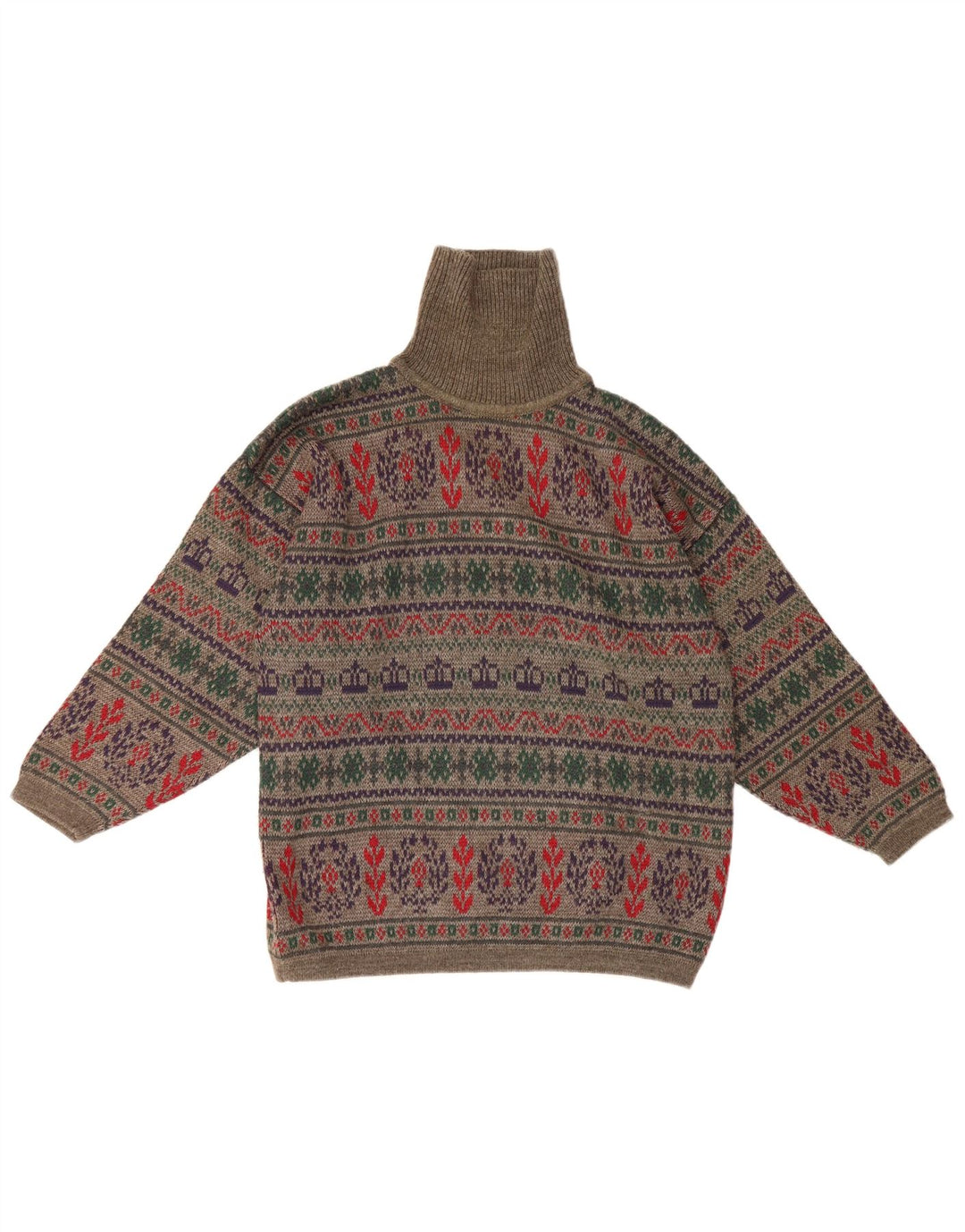 Suéter vintage masculino com gola redonda e lã pequena cinza Fair Isle