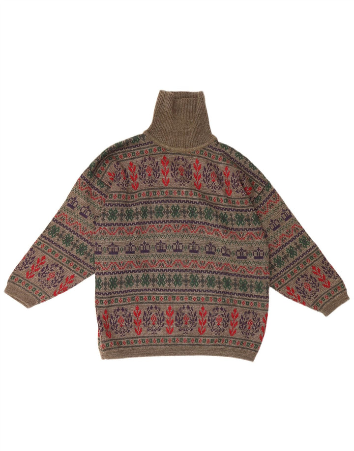 Suéter vintage masculino com gola redonda e lã pequena cinza Fair Isle