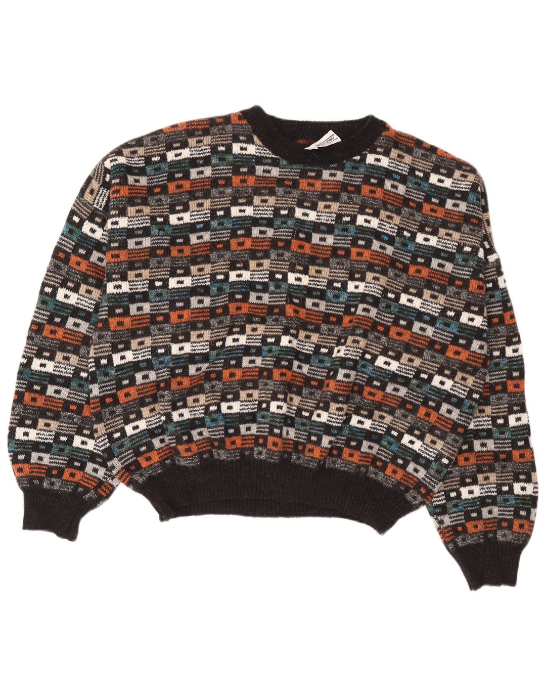 Suéter vintage masculino com gola redonda IT 54 XL lã geométrica multicolorida