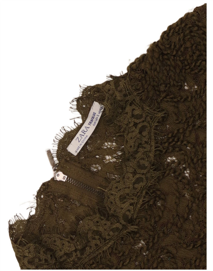 Blusa feminina Zara de renda transparente Reino Unido 8 pequena cáqui