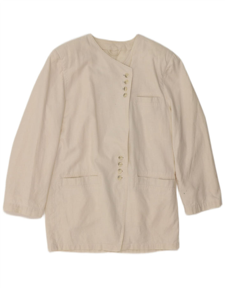 Jaqueta Blazer Longline Feminina VINTAGE Reino Unido 14 Médio Branco