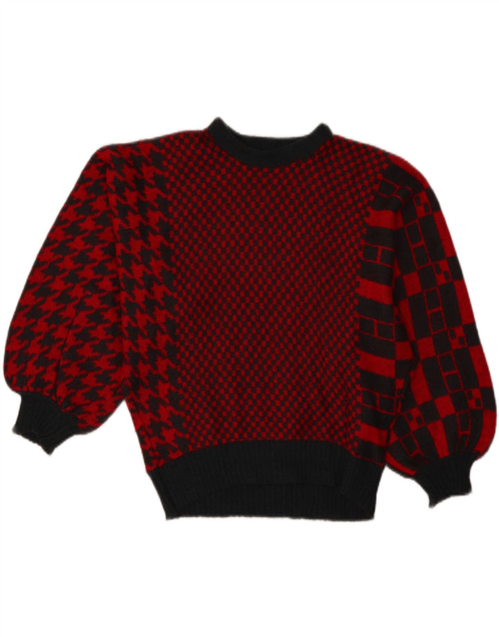 Suéter feminino vintage com gola canoa, Reino Unido 14, grande, vermelho, patchwork, acrílico
