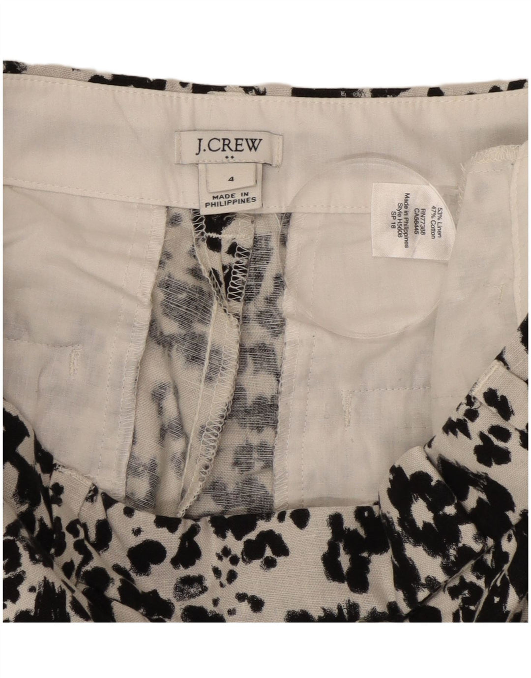 Calça quente feminina J. Crew US 4 pequena W27 linho branco com estampa animal