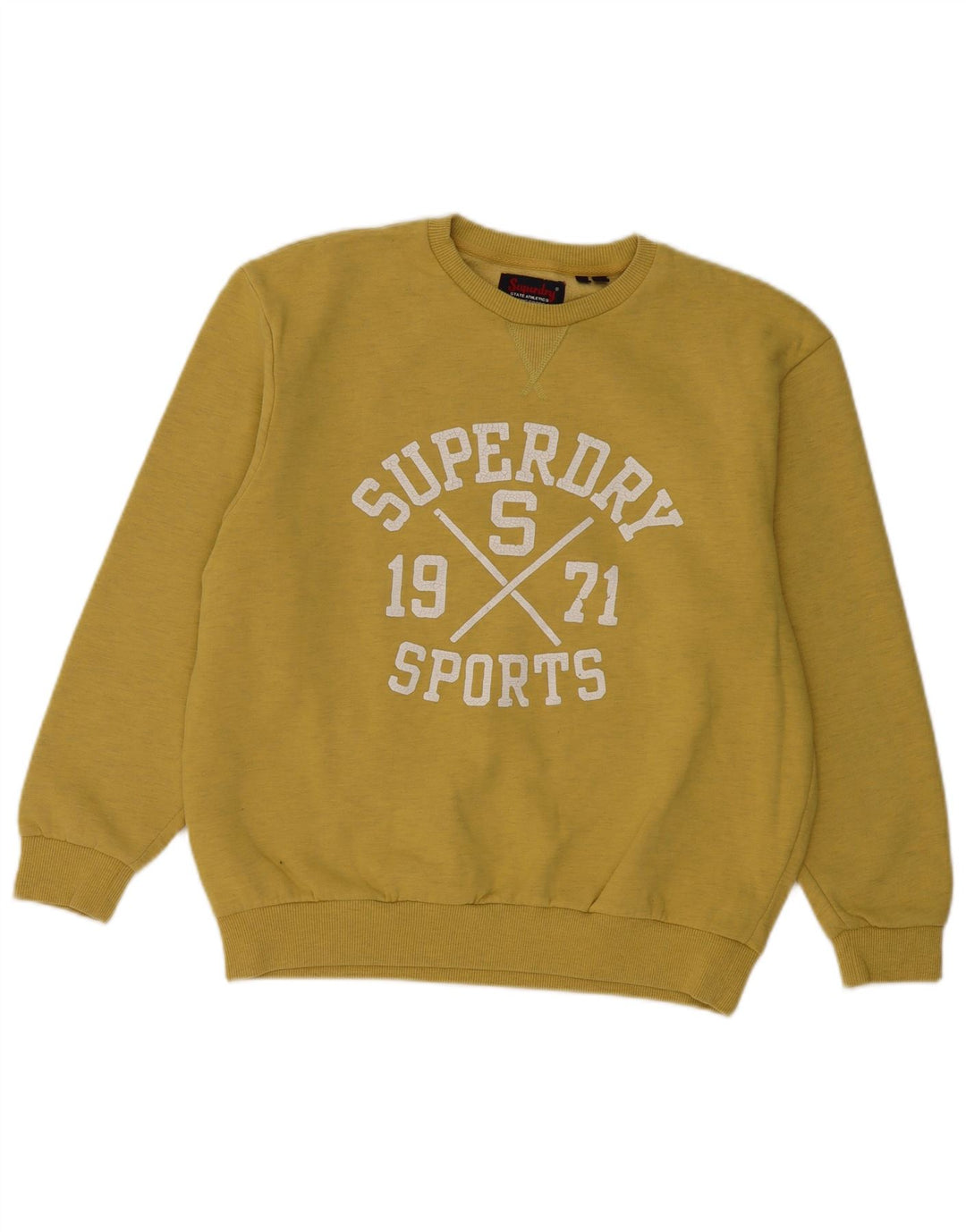 SUPERDRY moletom feminino gráfico jumper UK 12 médio amarelo manchado