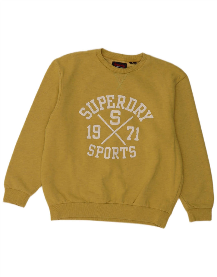 SUPERDRY moletom feminino gráfico jumper UK 12 médio amarelo manchado