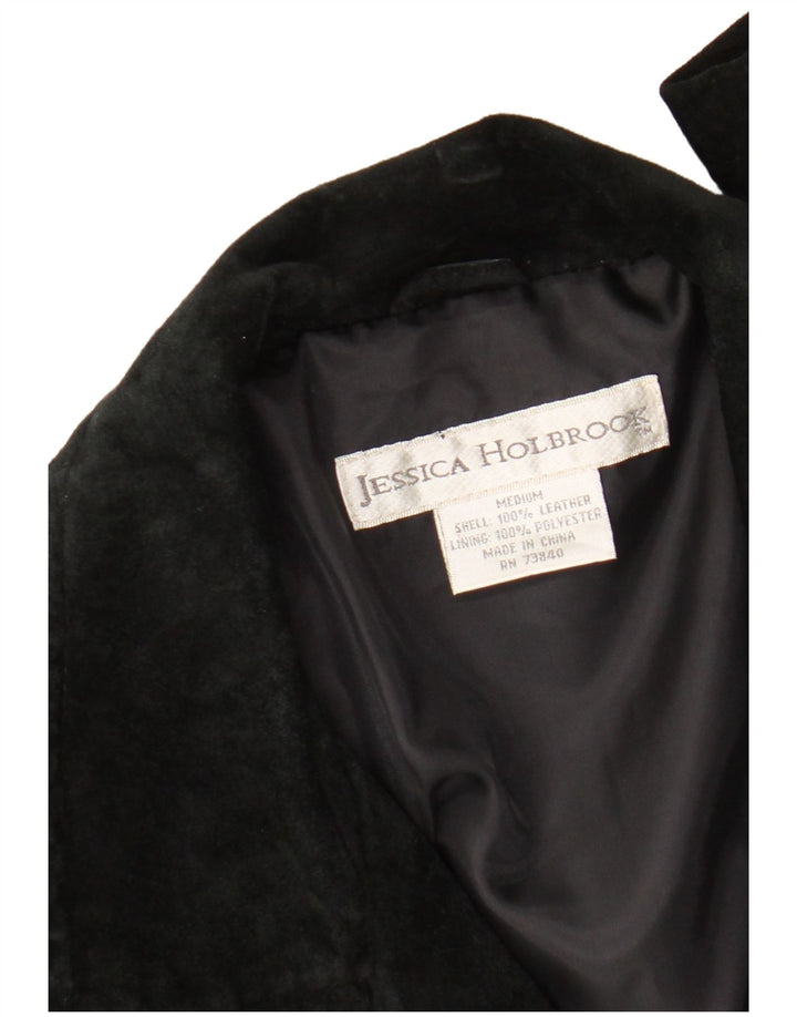 Jaqueta blazer feminina vintage de camurça com 3 botões, couro preto médio