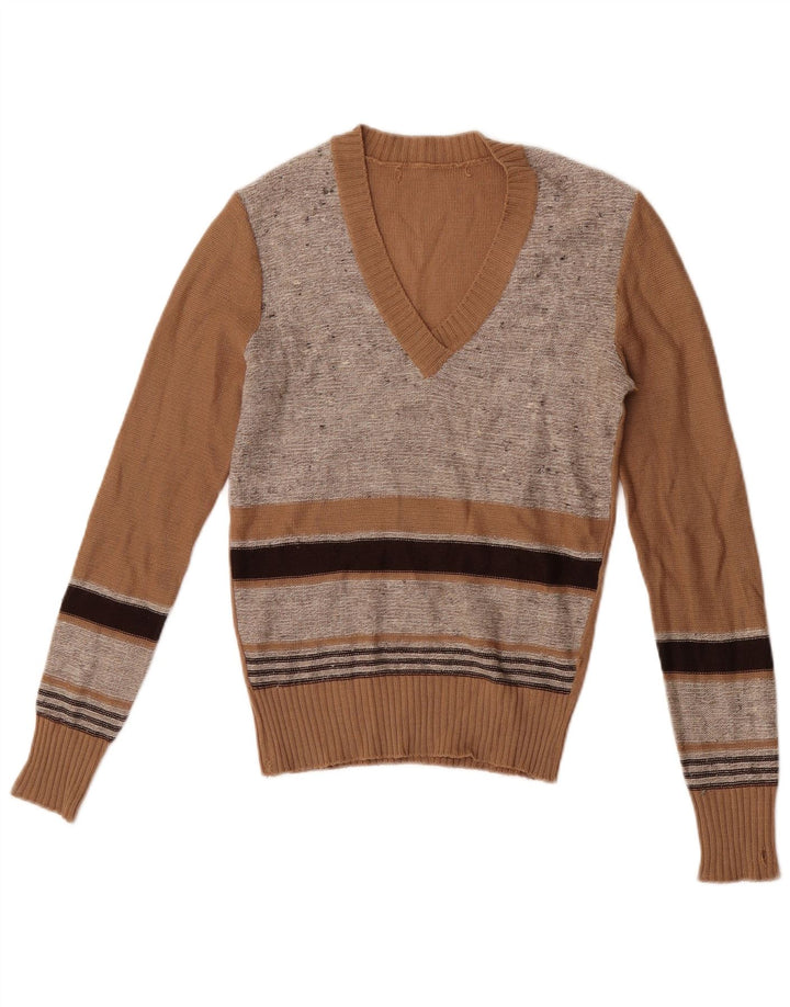 Suéter feminino vintage com decote em V IT 44 listrado marrom médio