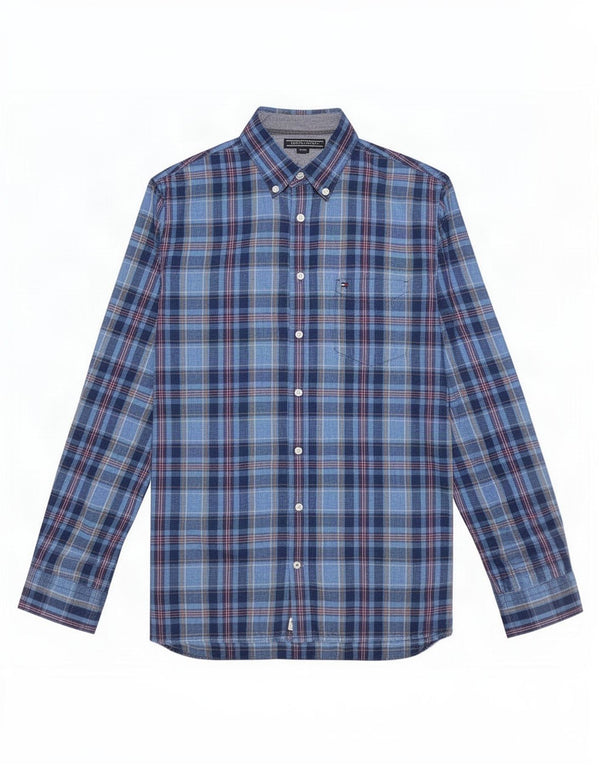 Camisa masculina Tommy Hilfiger New York Fit grande algodão xadrez azul