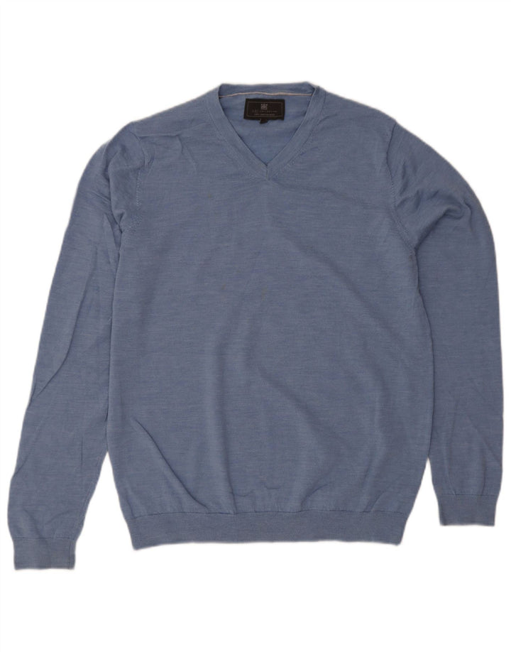 Suéter masculino Marks & Spencer com decote em V grande lã manchada azul