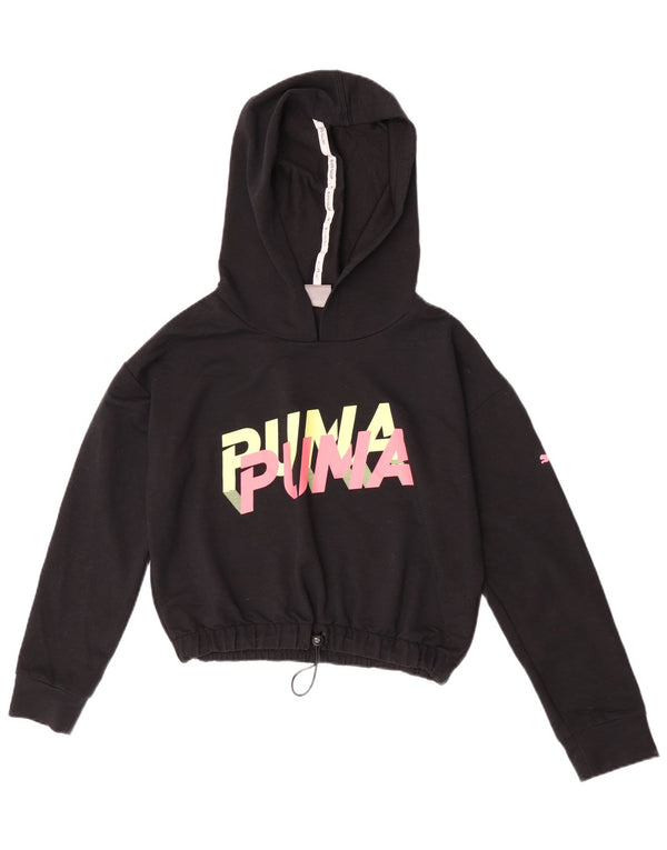 Suéter feminino Puma Crop Graphic Oversized com capuz Reino Unido 6 XS preto poliéster