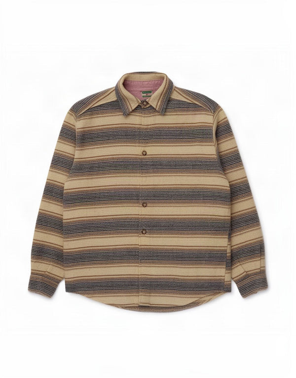 Camisa masculina de flanela de ajuste solto Benetton pequena bege listrada acrílica