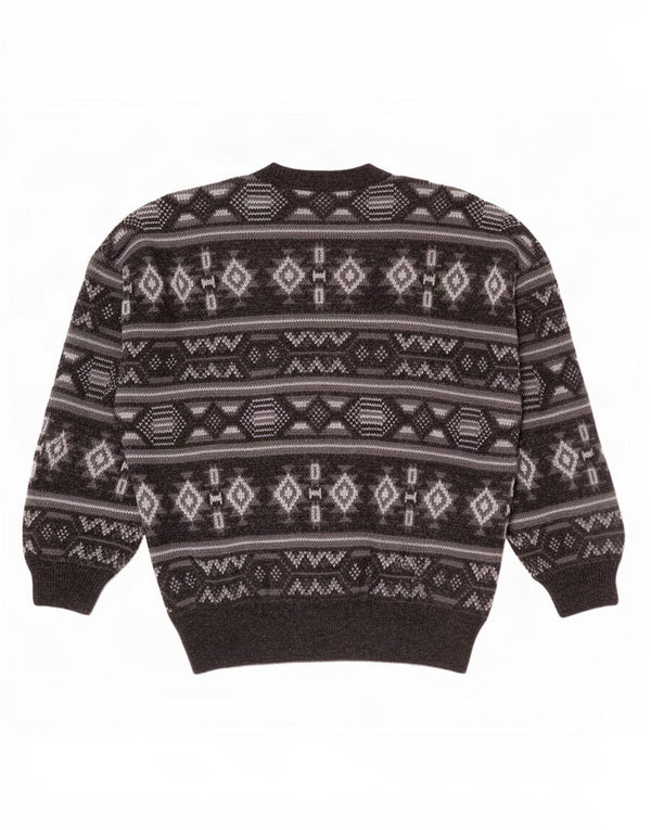 Suéter masculino vintage com decote em V grande cinza Fair Isle