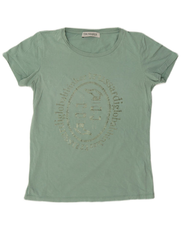 Camiseta feminina Trussardi com estampa gráfica UK 14 algodão verde médio