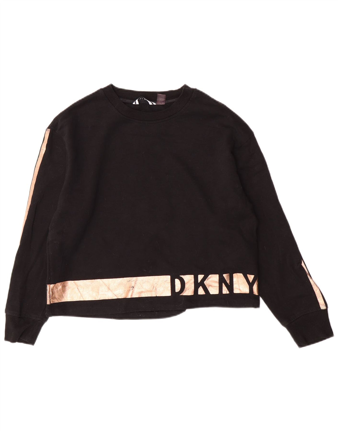 Dkny Suéter feminino oversized cropped UK 10 pequeno bloco colorido preto