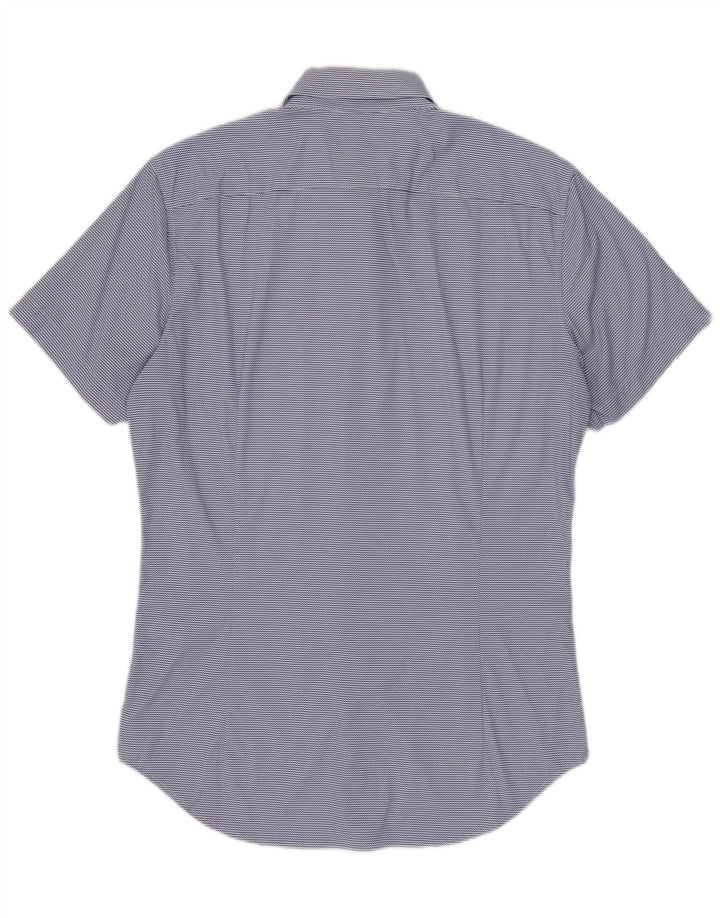 BONOBOS Camisa masculina de manga curta com ajuste personalizado, pequena risca de giz azul de nylon