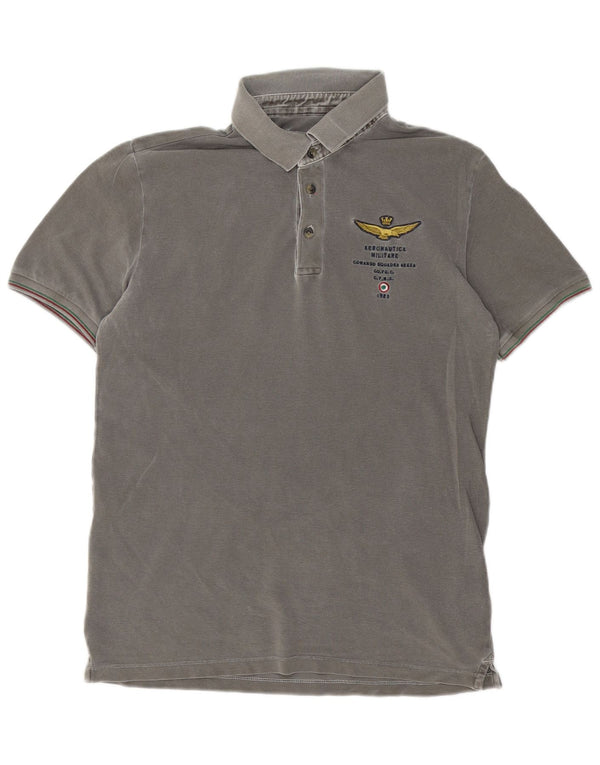 Aeronautica Militare Camisa polo masculina gráfica grande algodão cinza militar