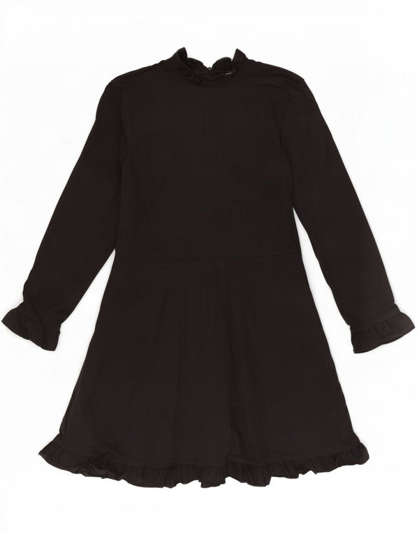 Vestido feminino Zara manga comprida evasê Reino Unido 8 pequeno algodão preto