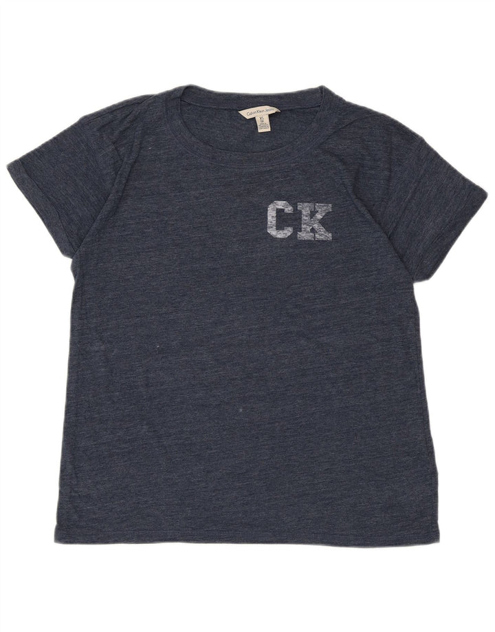 Camiseta feminina CALVIN KLEIN JEANS com estampa gráfica UK 6 XS azul marinho manchado