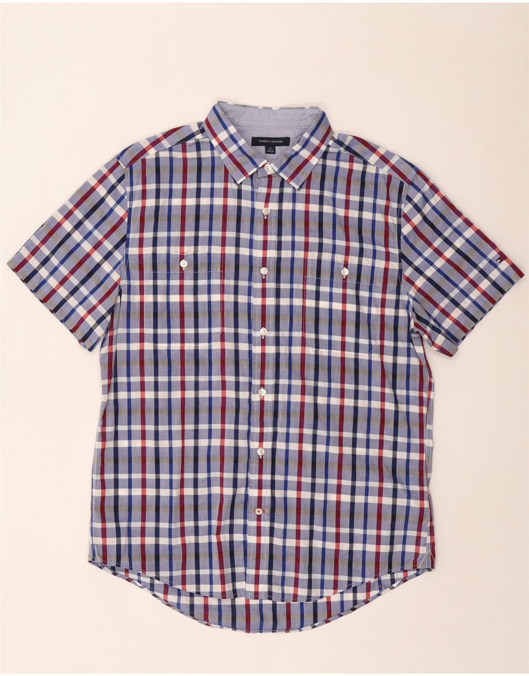 Tommy Hilfiger Camisa masculina de manga curta grande algodão xadrez azul