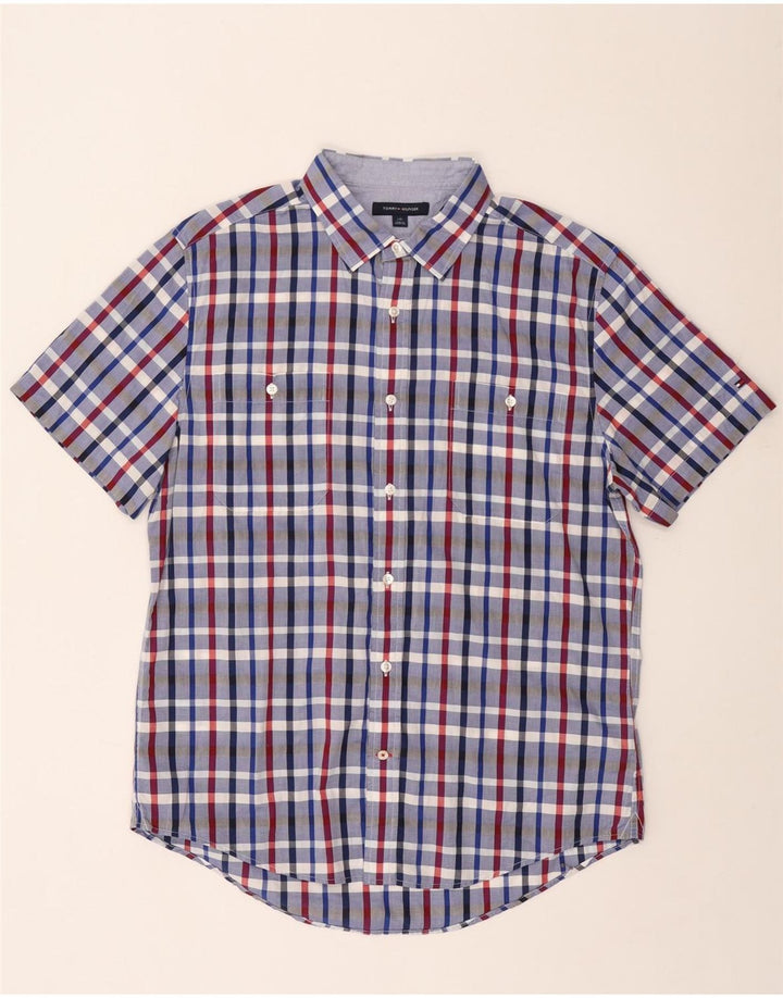 Tommy Hilfiger Camisa masculina de manga curta grande algodão xadrez azul