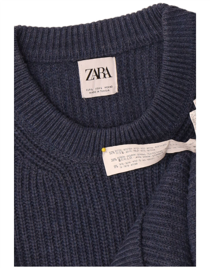 Zara Suéter masculino com gola redonda grande acrílico azul