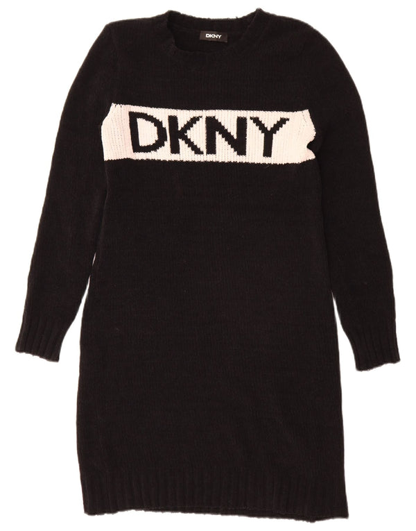 Vestido feminino Dkny com estampa de manga comprida e bloco colorido preto grande UK 16