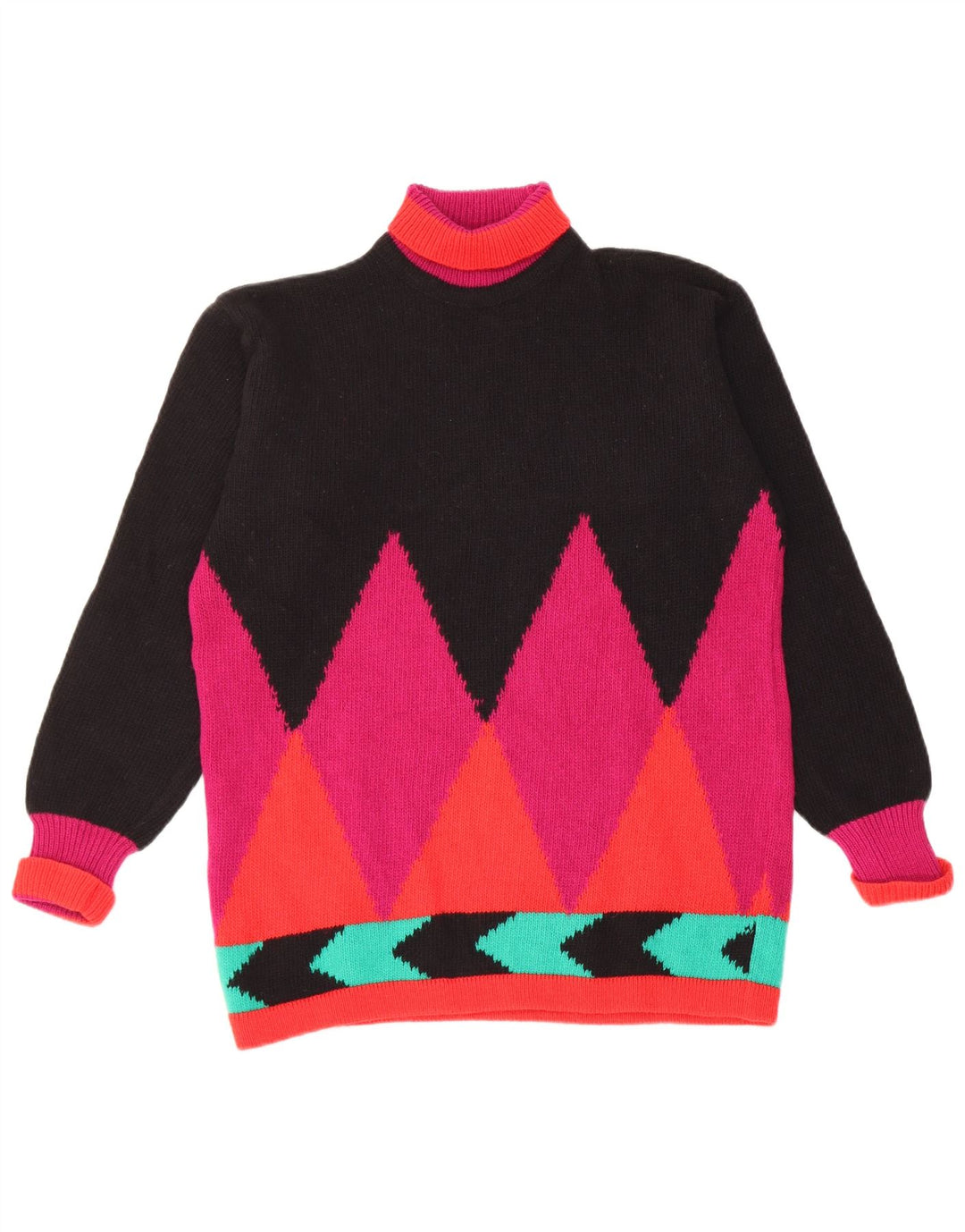 Suéter feminino vintage com gola redonda UK 12 médio preto argyle/diamante