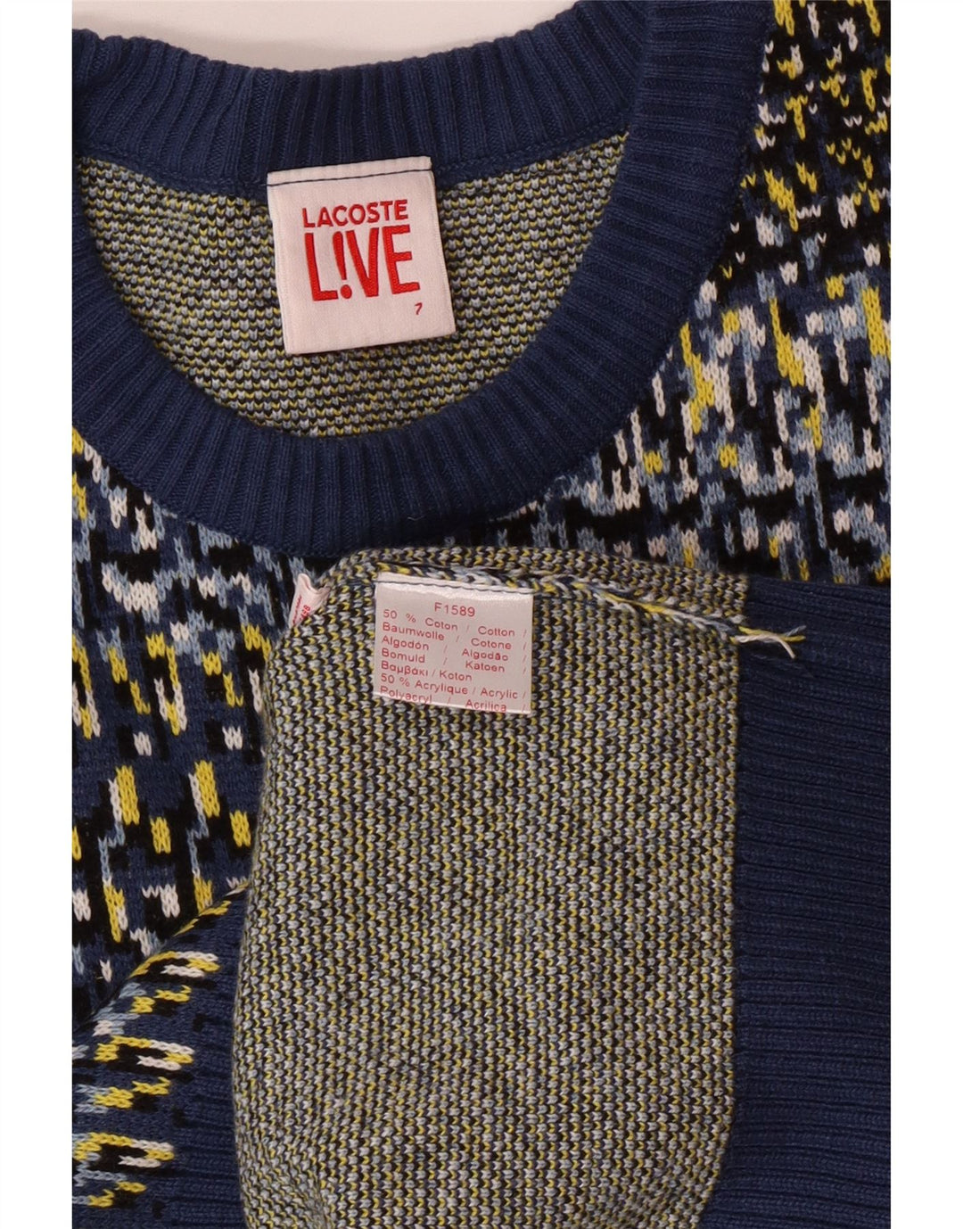 Suéter masculino LACOSTE com gola redonda tamanho 7 2XL algodão geométrico azul