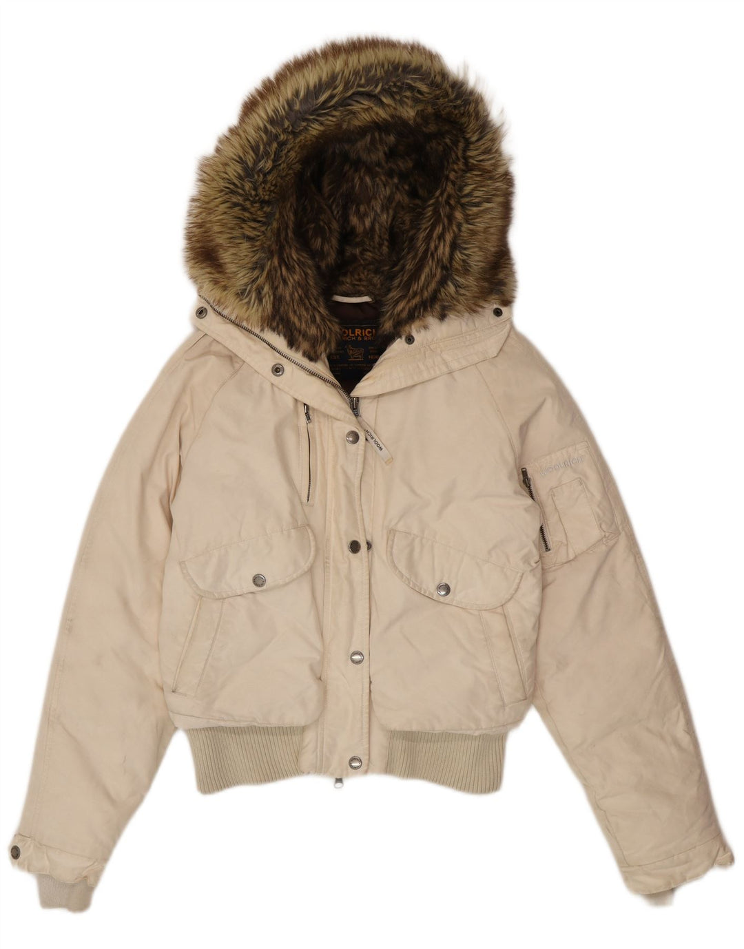 Jaqueta feminina acolchoada com capuz Woolrich Reino Unido 14 algodão branco médio