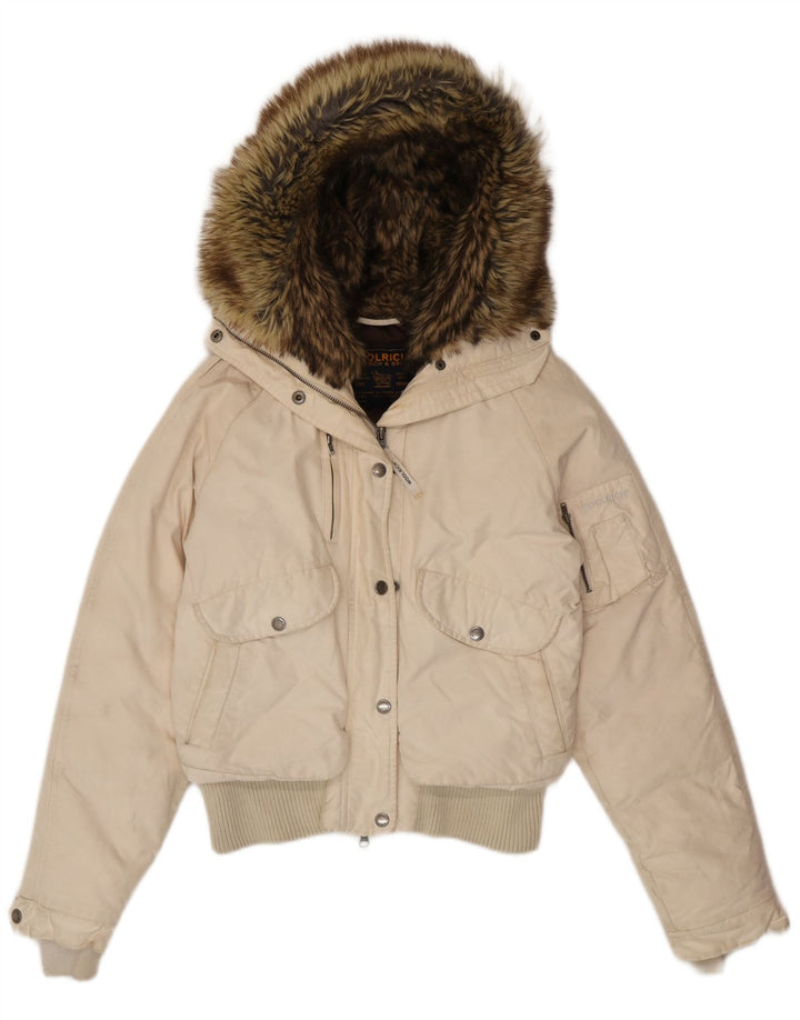 Jaqueta feminina acolchoada com capuz Woolrich Reino Unido 14 algodão branco médio