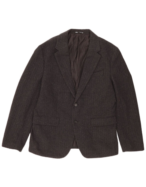 Jaqueta blazer masculina Zara com 2 botões EU 52 lã listrada cinza grande