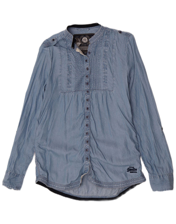 Camisa formal militar feminina de manga comprida Superdry UK 10 pequena azul Tencel