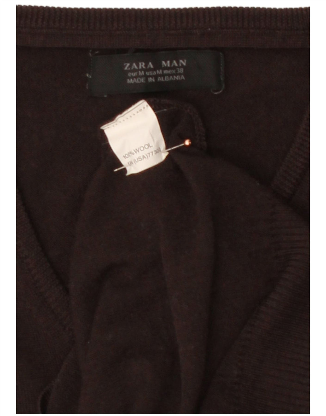 Suéter masculino ZARA com decote em V de lã marrom médio