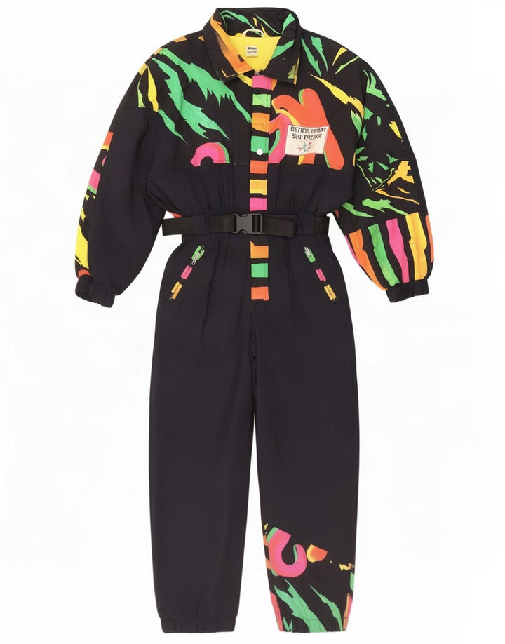 Macacão de esqui vintage feminino com padrão abstrato UK 12 poliamida preta média