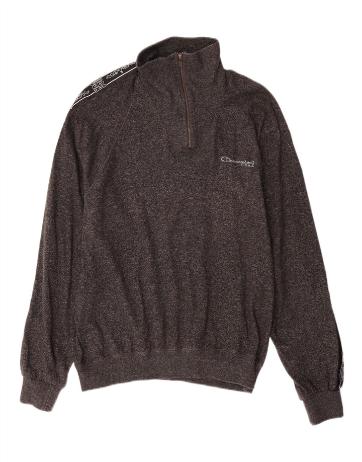 CHAMPION Suéter masculino gráfico com gola com zíper e bloco colorido cinza médio