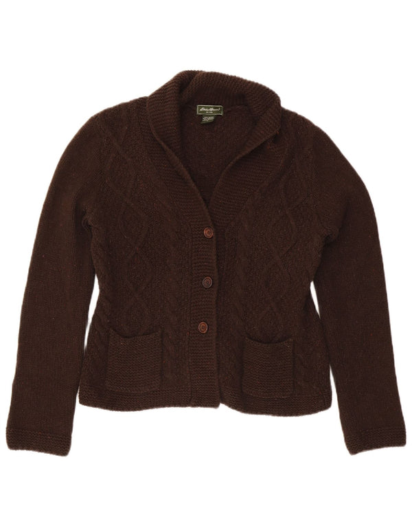 Suéter cardigã feminino Eddie Bauer Reino Unido 12 algodão manchado marrom médio