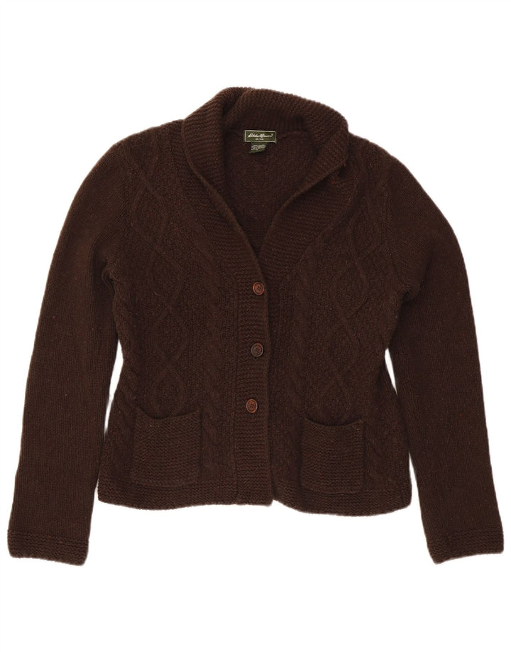 Suéter cardigã feminino Eddie Bauer Reino Unido 12 algodão manchado marrom médio