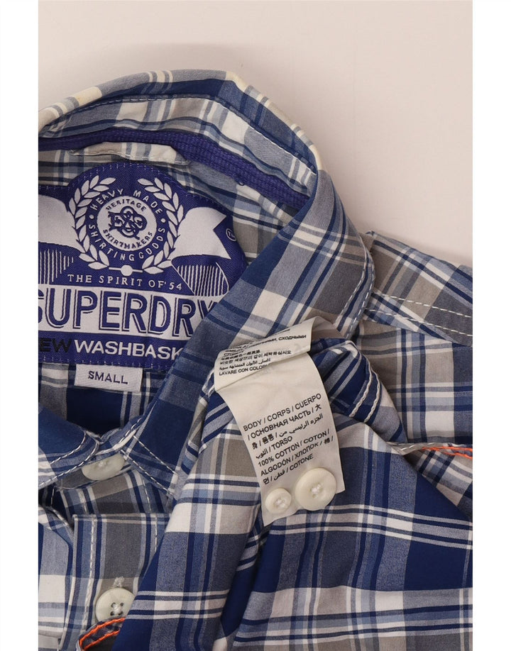 Camisa masculina SUPERDRY pequena xadrez azul de algodão