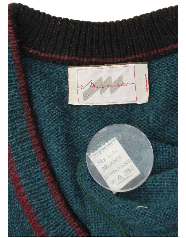 Suéter masculino vintage com decote em V grande lã colorblock azul