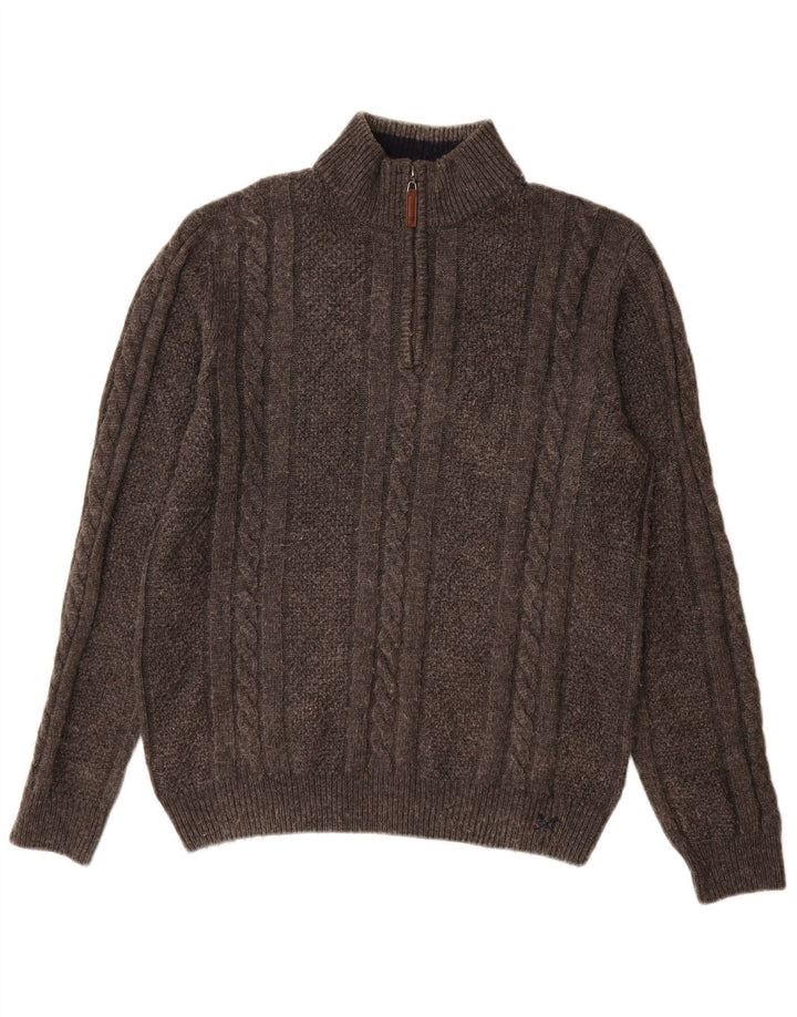 Suéter masculino Crew Clothing com zíper e gola grande de lã cinza